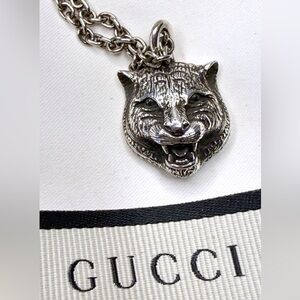 Gucci Feline Cat Tiger Necklace 925 Silver Panther Pendant Necklace Authentic